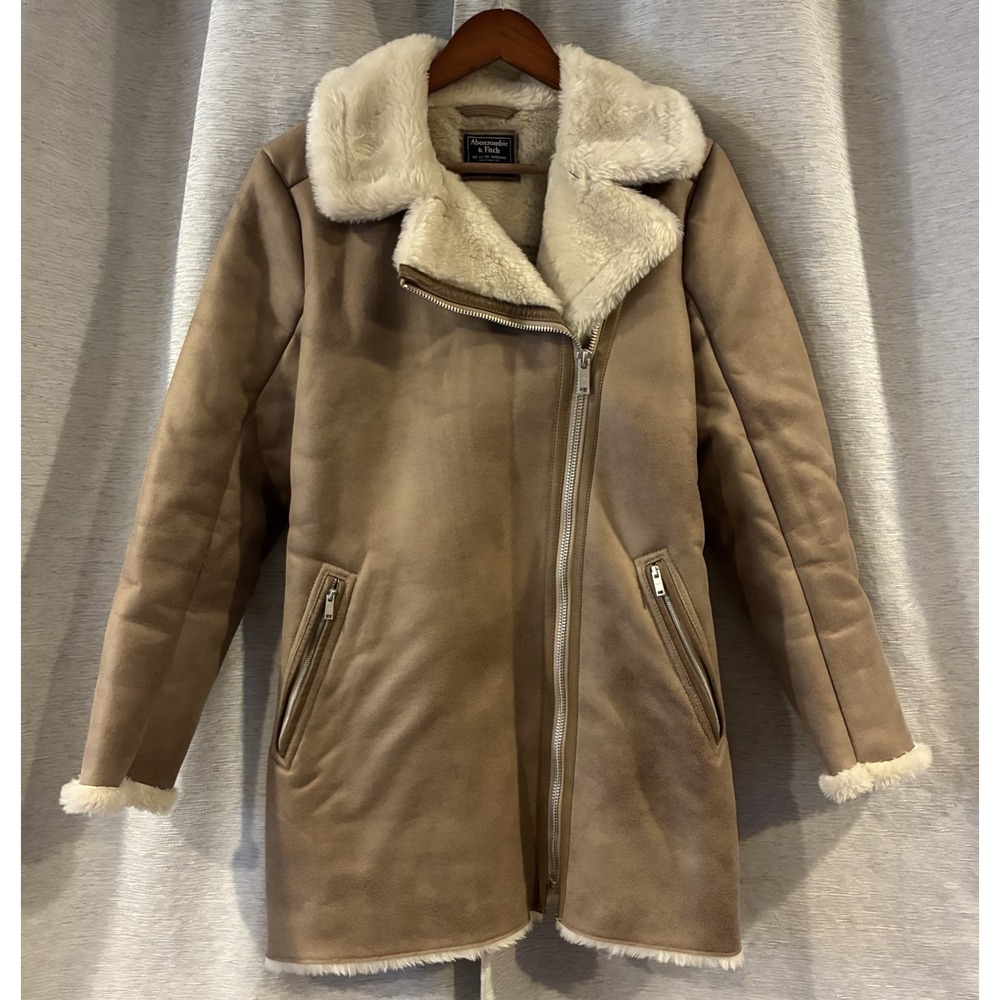 Abercrombie And Fitch‎ FAUX FUR TRIM Suede Coat Brown Size Medium Preppy